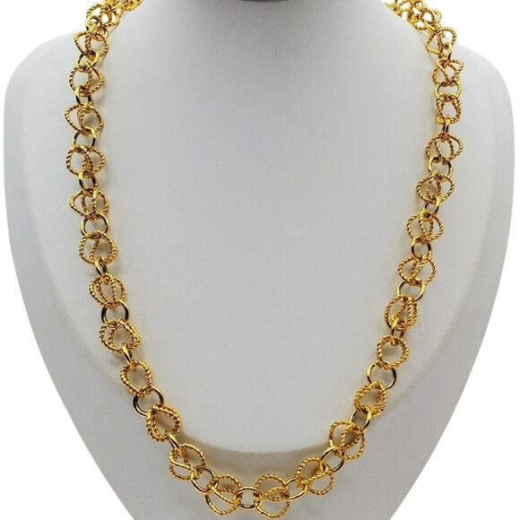 Retro Gold Tone Circle Chain Link Necklace Textured Statement Chunky Layering - Picture 1 of 3